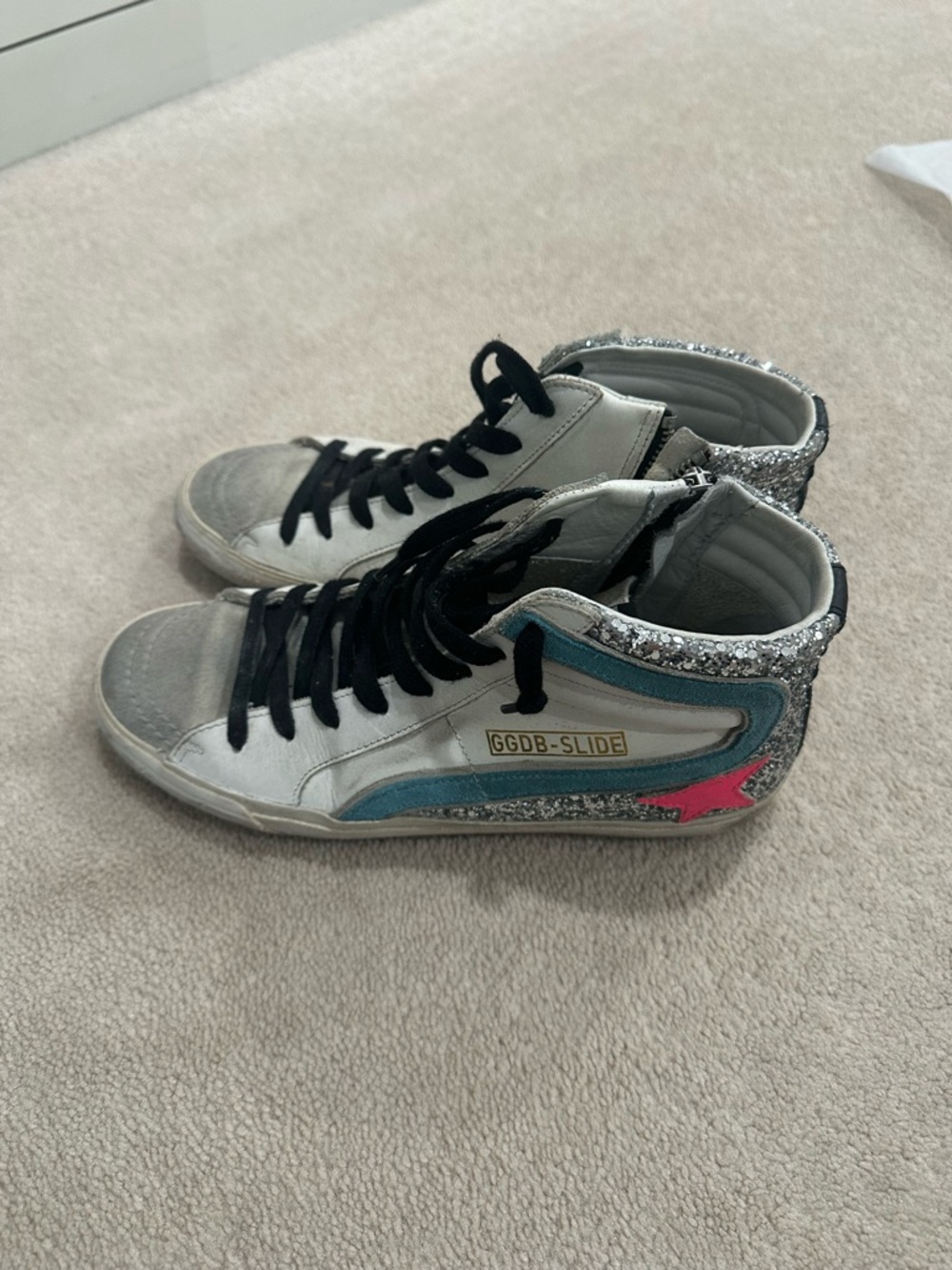 Golden Goose GGDB-Slide High-Top Sneakers in White, Blue, Pink, Silver